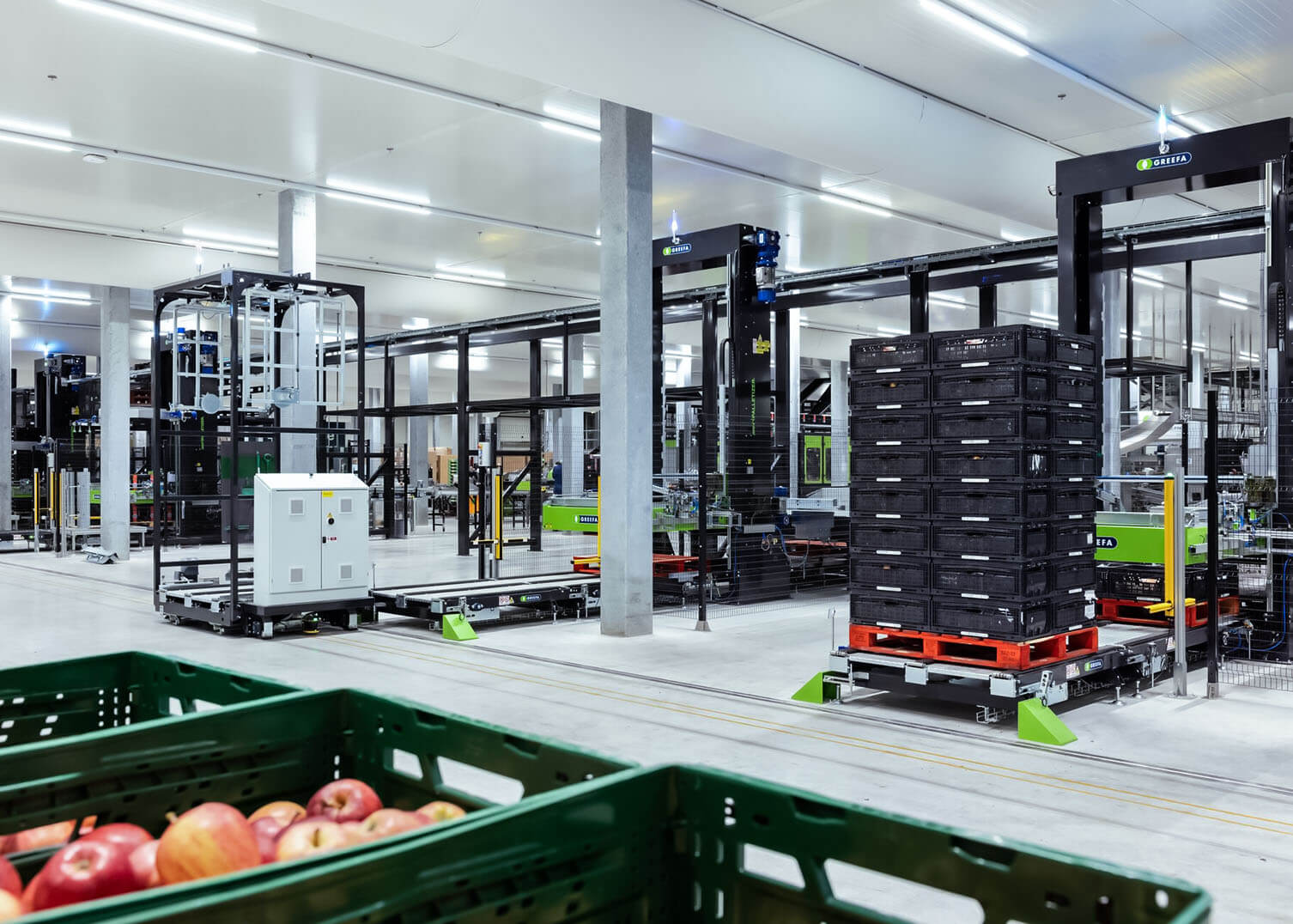 Lebensmittelbranche: Paletten mit Obst und Kisten auf Schienen im Lager von System Logistics